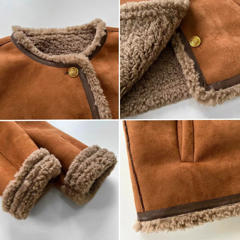 Kraagloos damesjack in suède look met teddyrand, cognac - cognac