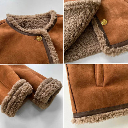 Kraagloos damesjack in suède look met teddyrand, cognac - cognac