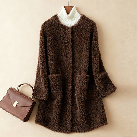 Kraagloze teddy damesjas met opgestikte zakken - bruin