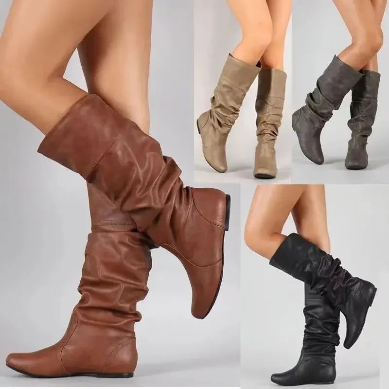 Halfhoge dameslaarzen van PU-leer met geplooide schacht en platte zool - beeld 15