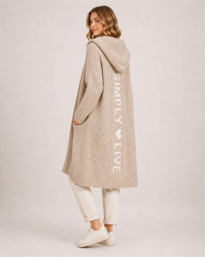 Lang damesvest met capuchon, open voorkant en opgezette zakken - beige