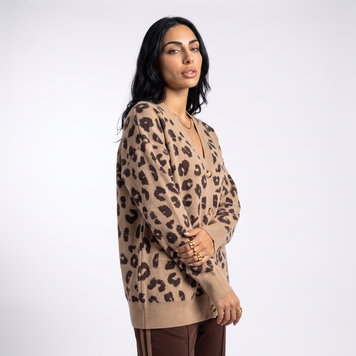 Lang damesvest met luipaardprint, V-hals en opgezette zakken