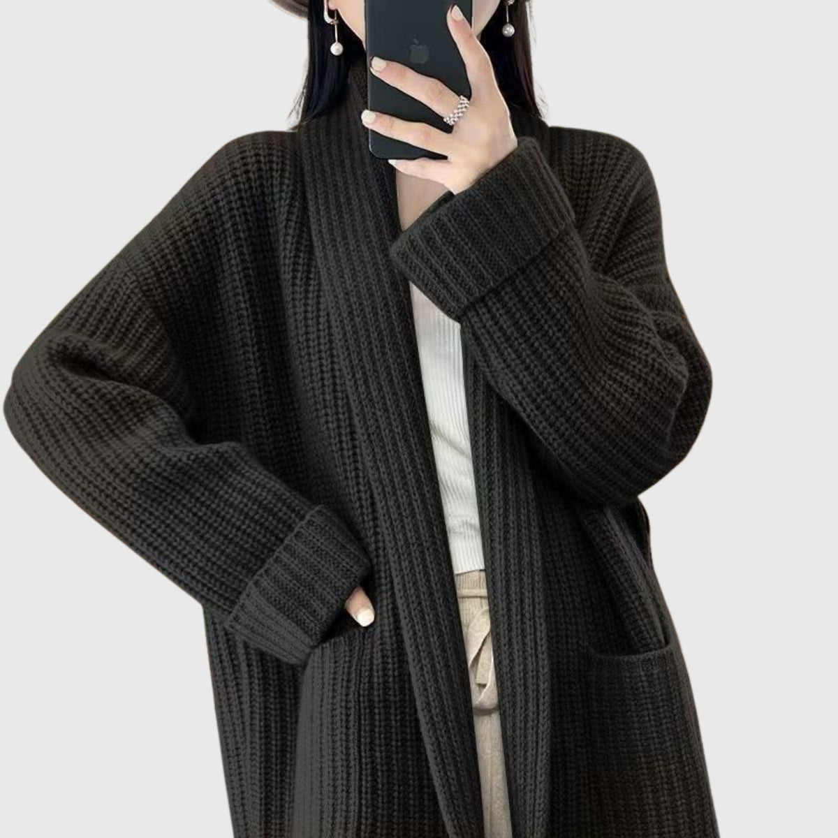 Lang damesvest in grof ribbreisel met sjaalkraag en zakken - zwart