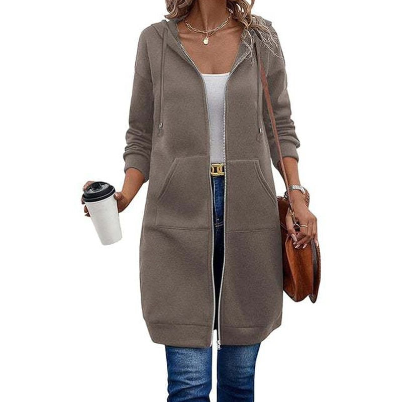 Lang damesvest van sweatstof met capuchon en rits - taupe