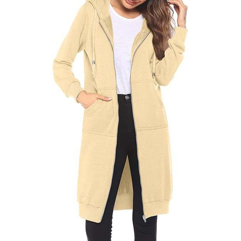Lang damesvest van sweatstof met capuchon en rits - beige