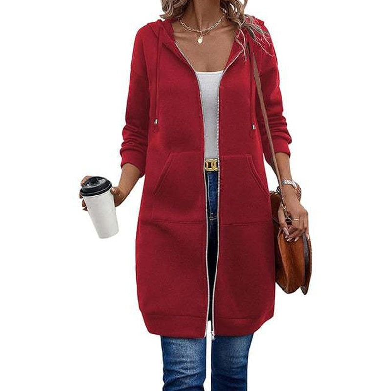 Lang damesvest van sweatstof met capuchon en rits - rood