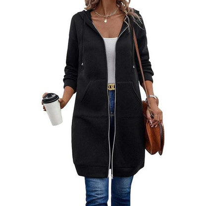 Lang damesvest van sweatstof met capuchon en rits - zwart