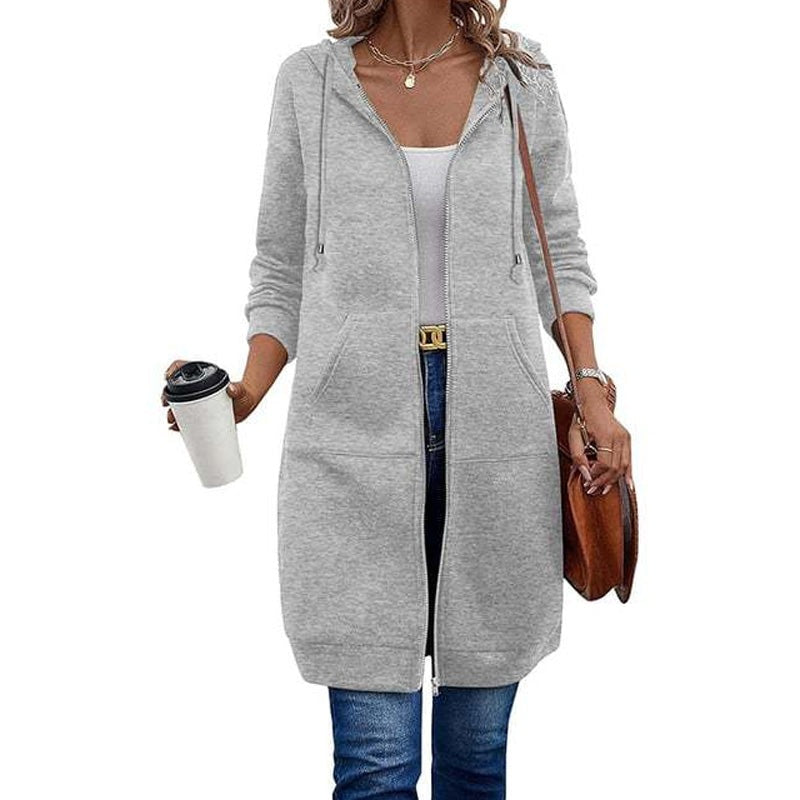 Lang damesvest van sweatstof met capuchon en rits - lichtgrijs