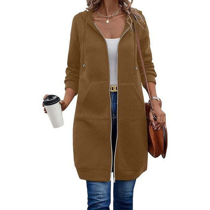 Lang damesvest van sweatstof met capuchon en rits - camel