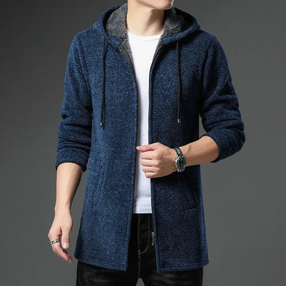 Lang gebreid herenvest met capuchon, rits en fleecevoering - blauw