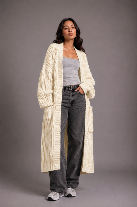 Lang oversized damesvest in grof breisel met open voorkant en zakken - crème