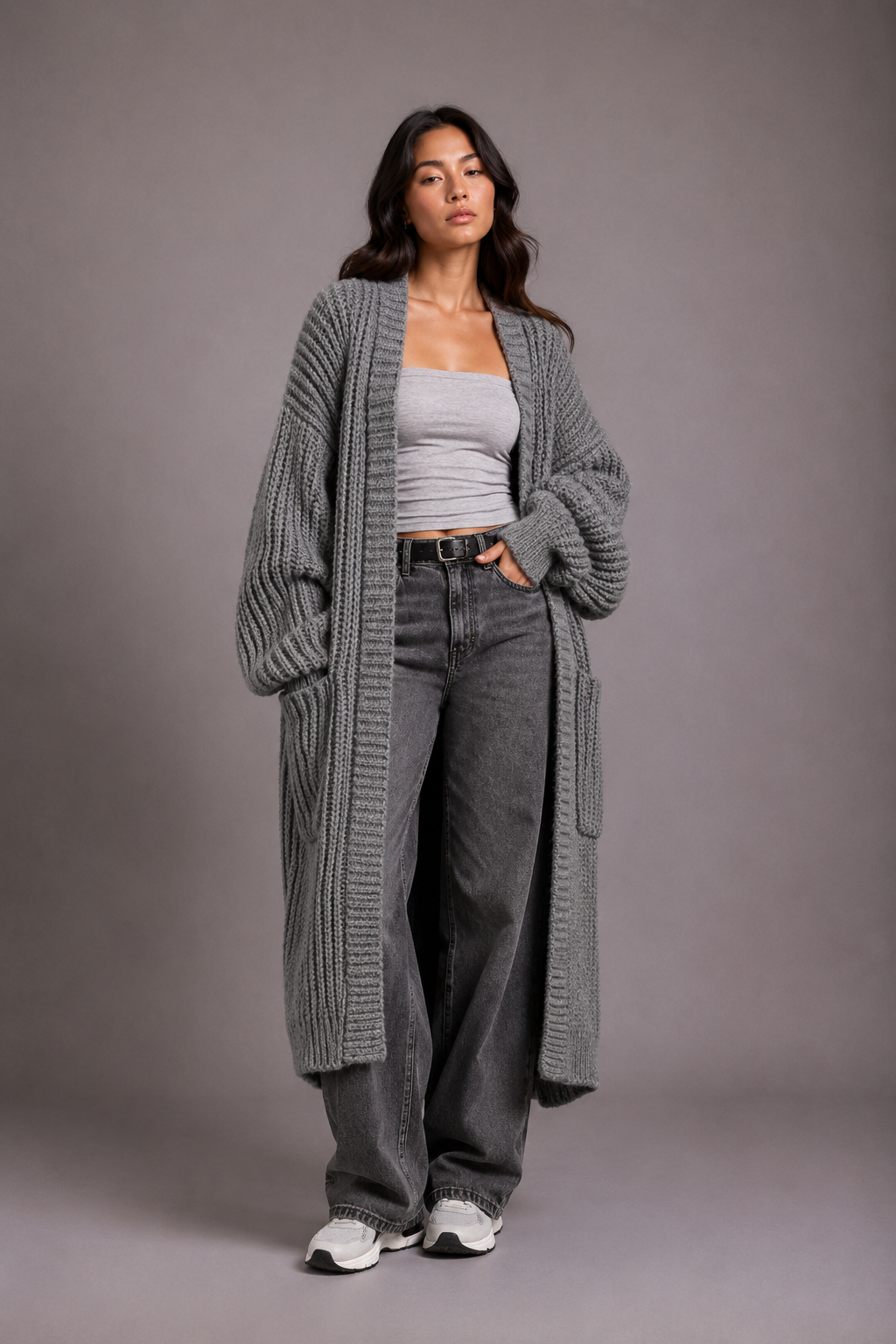 Lang oversized damesvest in grof breisel met open voorkant en zakken - grijs