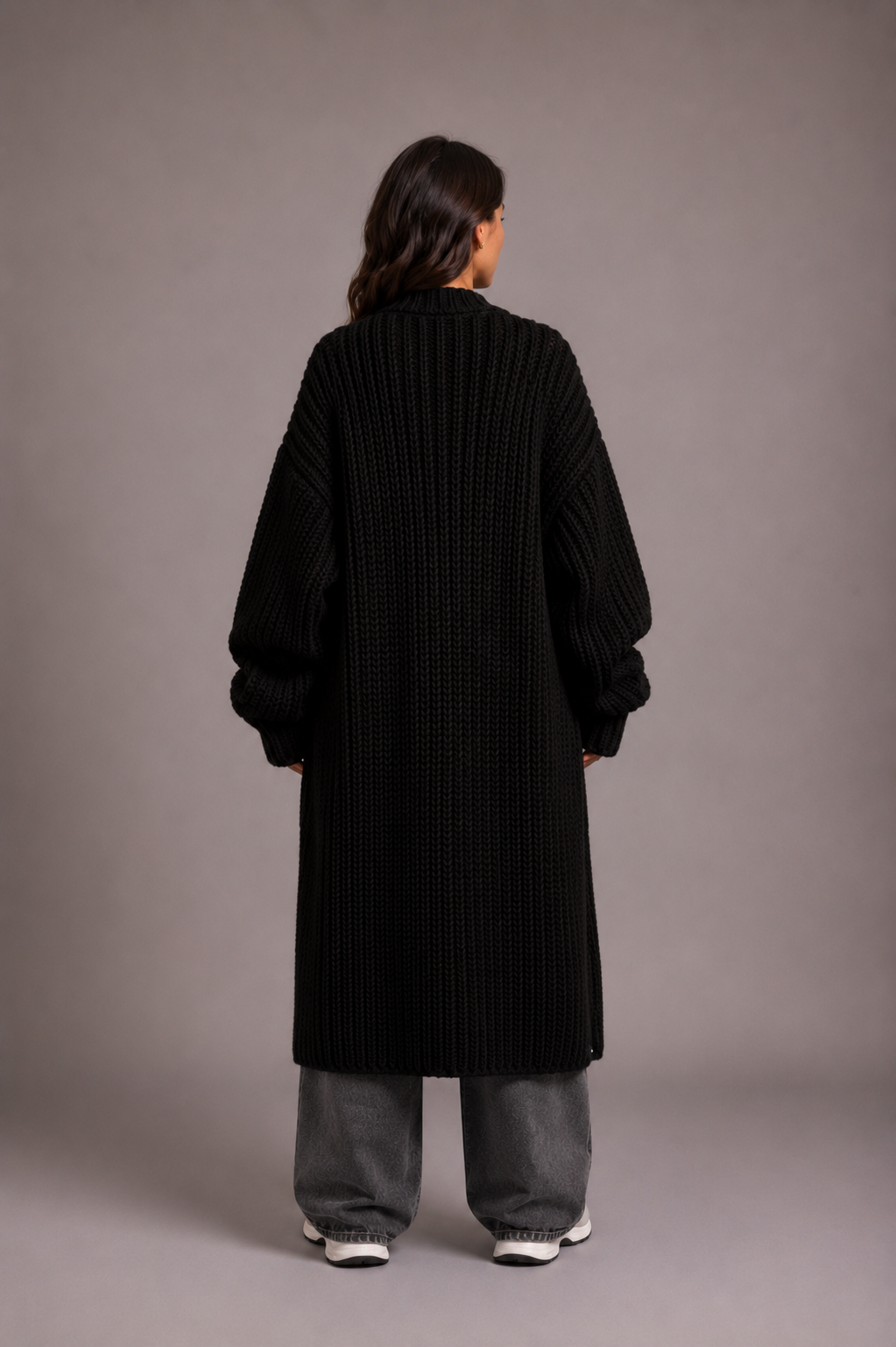 Lang oversized damesvest in grof breisel met open voorkant en zakken