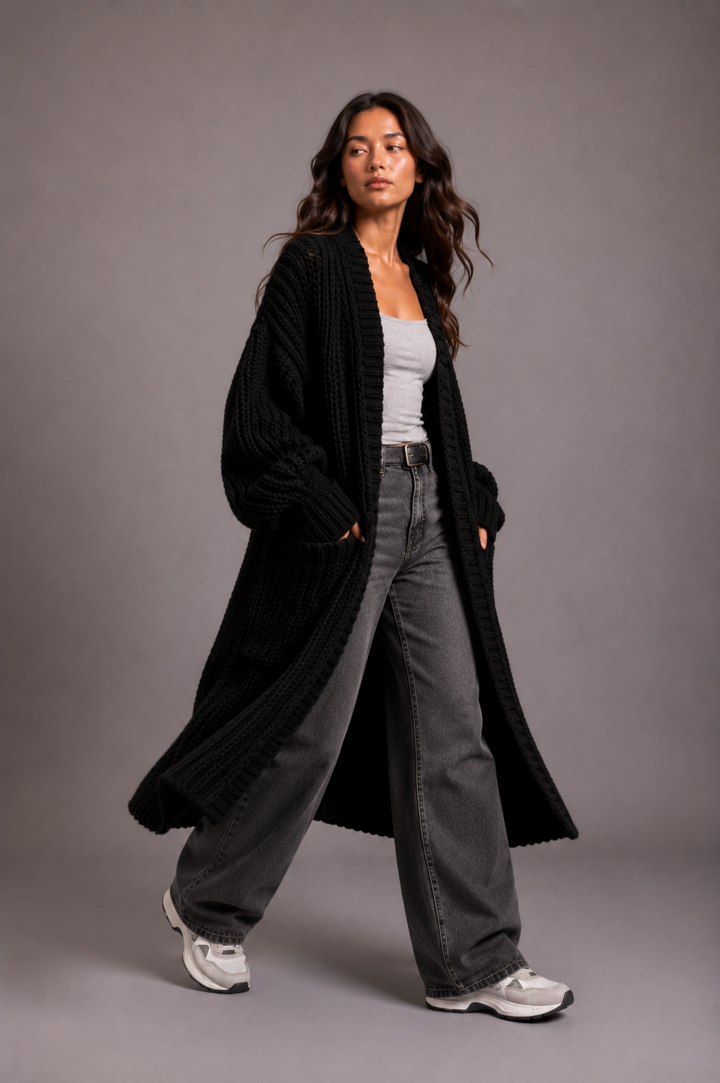 Lang oversized damesvest in grof breisel met open voorkant en zakken