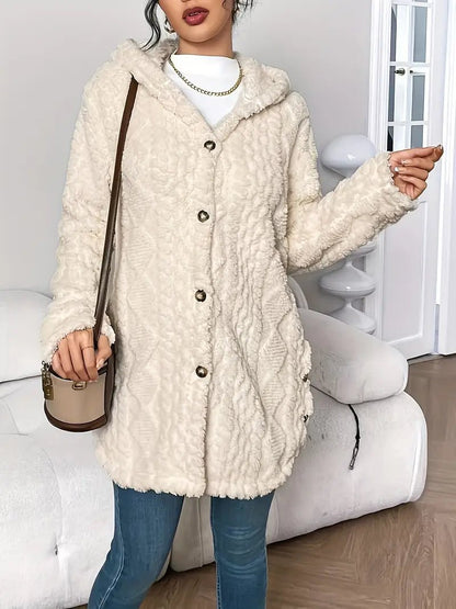 Lang teddy damesvest met capuchon, knopen en kabelpatroon