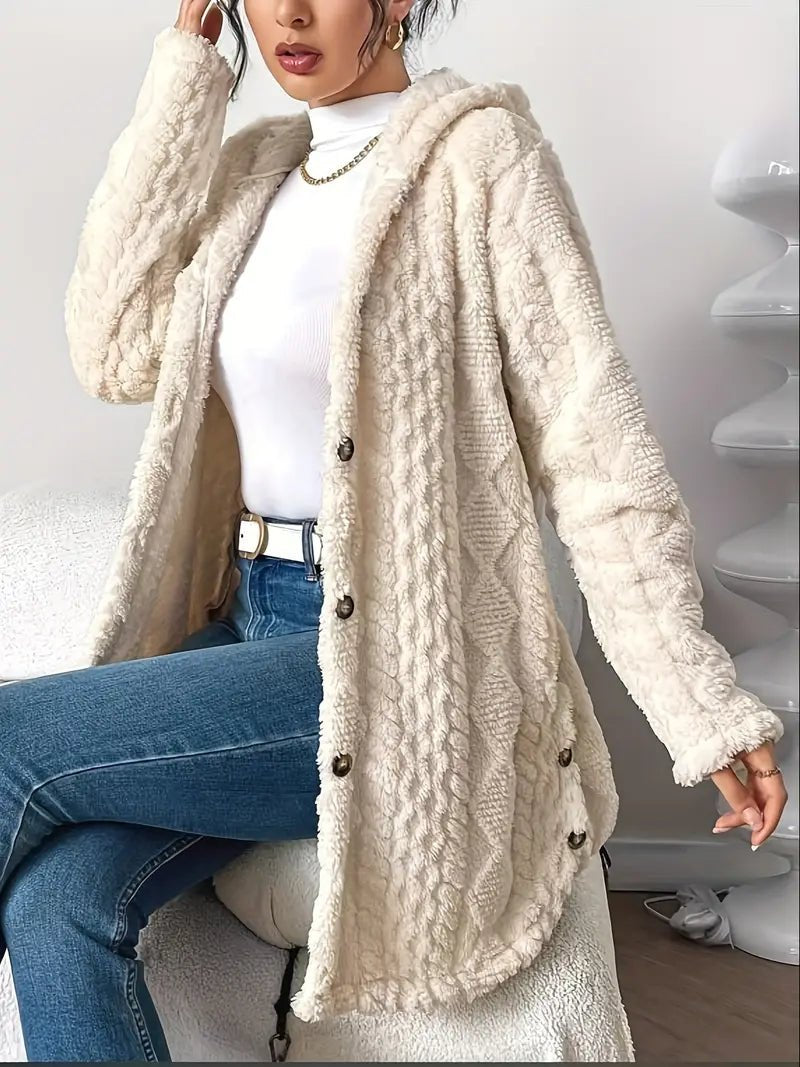 Lang teddy damesvest met capuchon, knopen en kabelpatroon