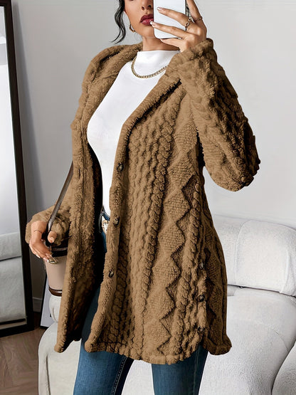 Lang teddy damesvest met capuchon, knopen en kabelpatroon - bruin