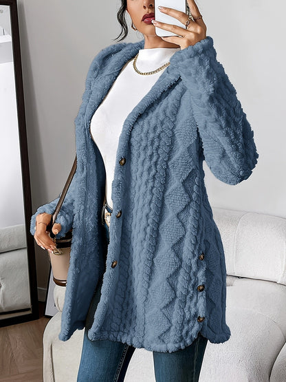 Lang teddy damesvest met capuchon, knopen en kabelpatroon - jeansblauw