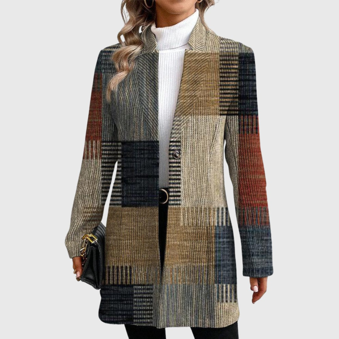 Lange damesblazer met patchworkprint in bruin, grijs en blauw - patchwork