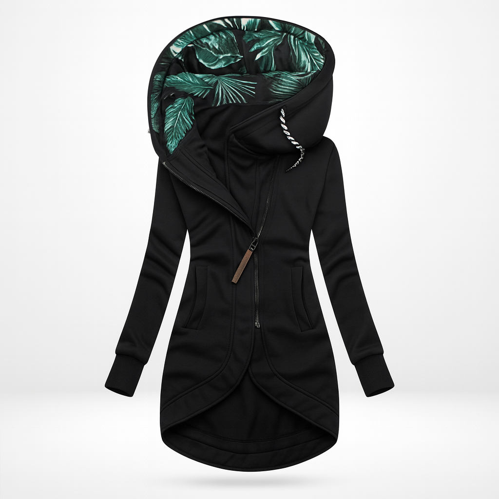 Lange damesjas met capuchon met bladerprint en schuine rits - zwart