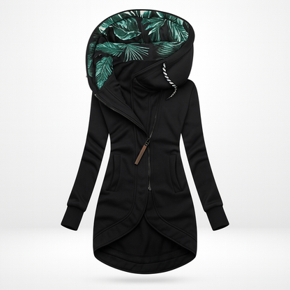 Lange damesjas met capuchon met bladerprint en schuine rits - zwart