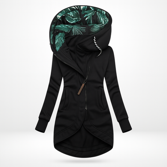 Lange damesjas met capuchon met bladerprint en schuine rits - zwart