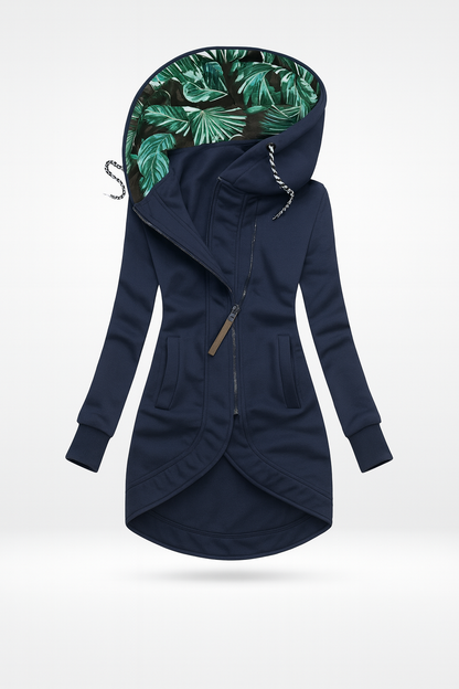 Lange damesjas met capuchon met bladerprint en schuine rits - marineblauw