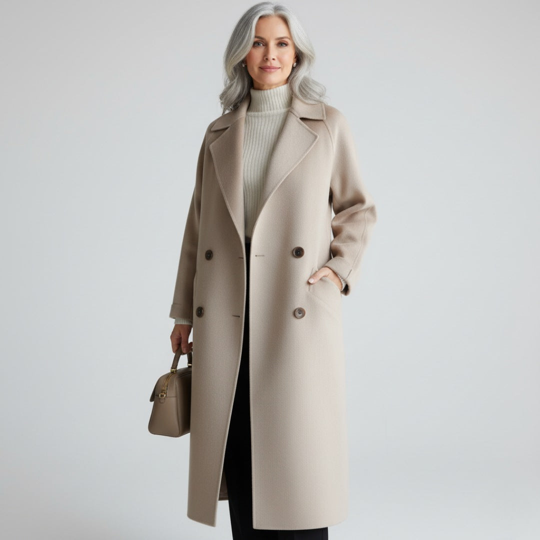 Lange damesjas in wollook met ceintuur en opgestikte zakken - beige