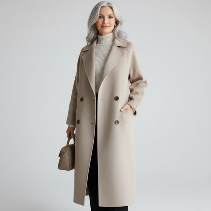 Lange damesjas in wollook met ceintuur en opgestikte zakken - beige
