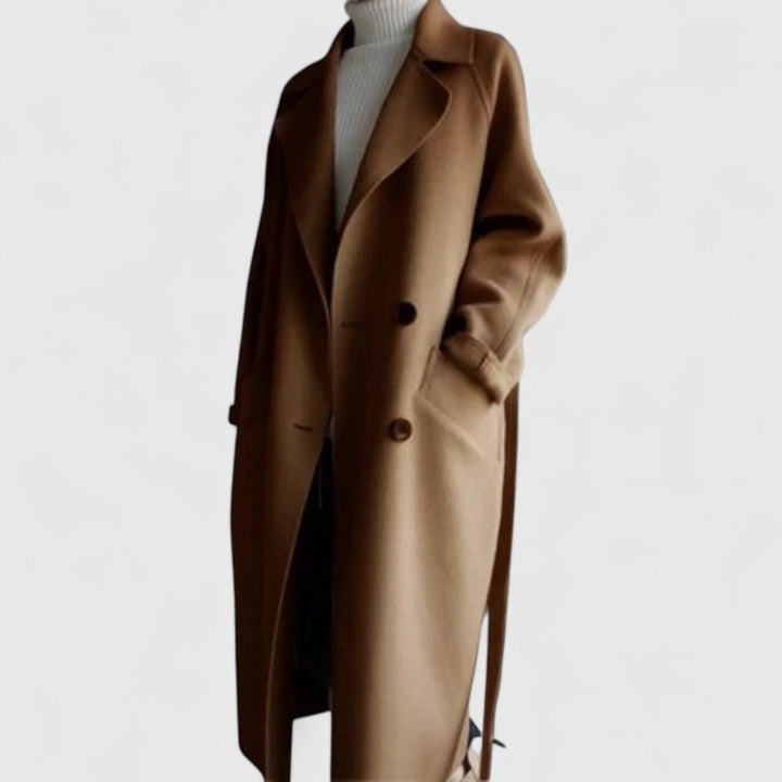 Lange damesjas in wollook met ceintuur en opgestikte zakken - cognac