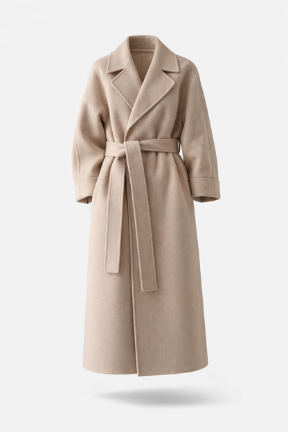 Lange damesjas met reverskraag en strikceintuur - beige