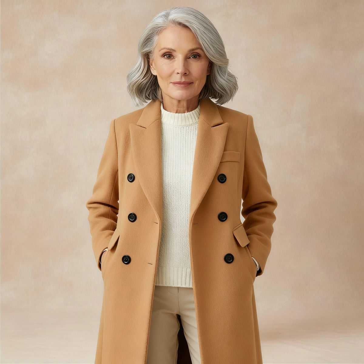 Lange damesjas in wollook met dubbele knopenrij en revers - camel