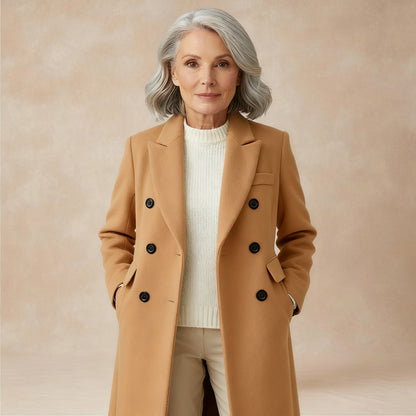 Lange damesjas in wollook met dubbele knopenrij en revers - camel