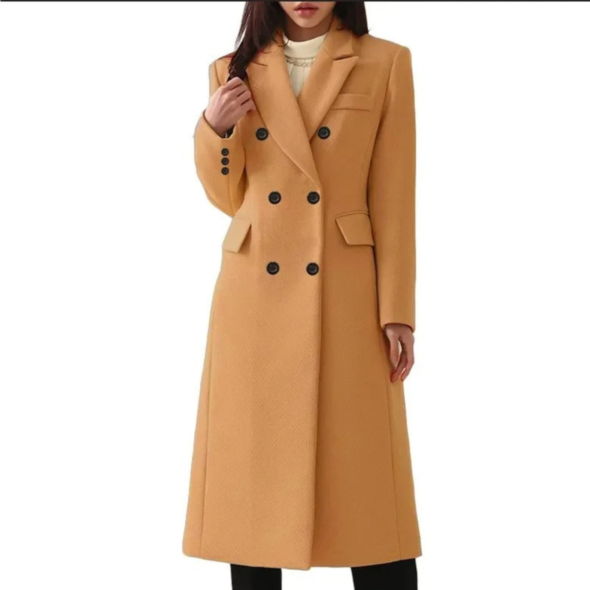 Lange damesjas in wollook met dubbele knopenrij en revers - camel