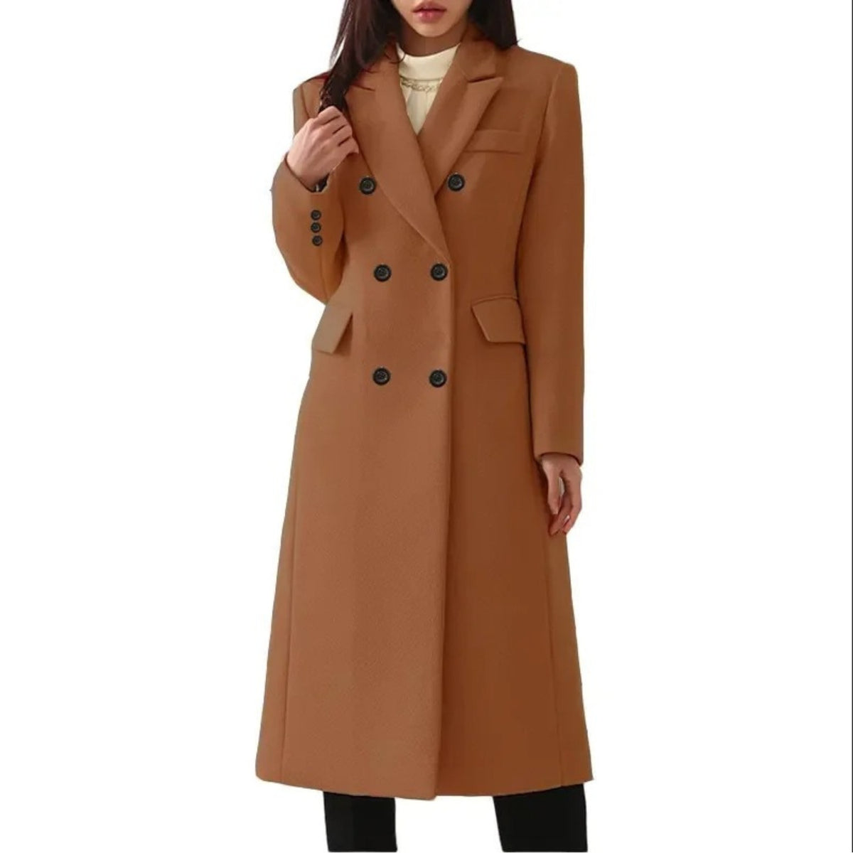 Lange damesjas in wollook met dubbele knopenrij en revers - cognac