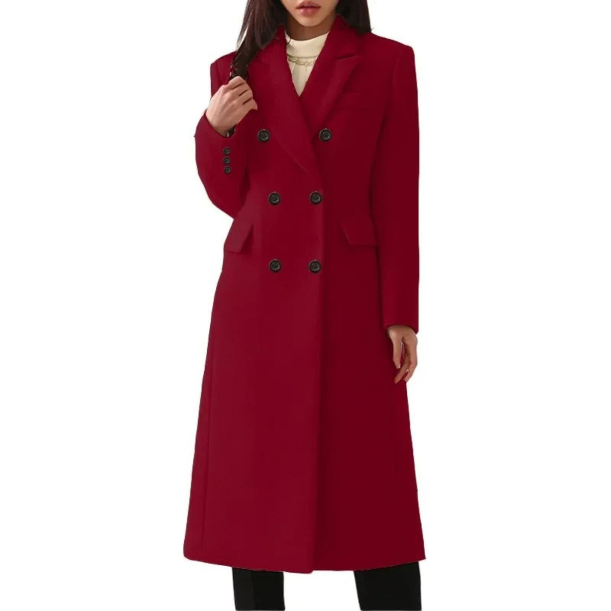 Lange damesjas in wollook met dubbele knopenrij en revers - rood