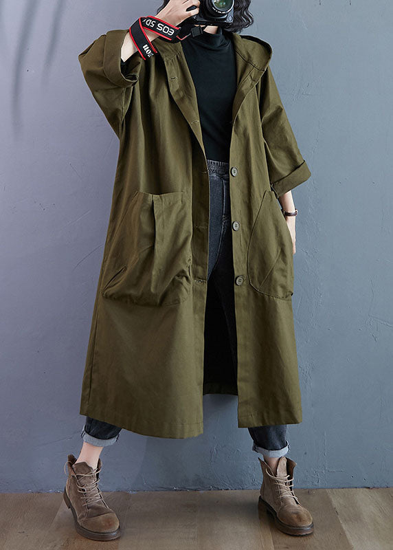 Lange oversized damesjas met capuchon, knoopsluiting en opgestikte zakken