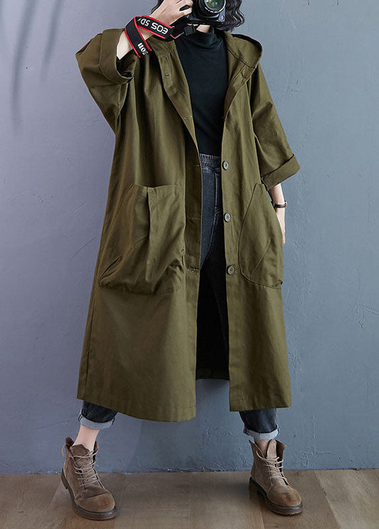 Lange oversized damesjas met capuchon, knoopsluiting en opgestikte zakken