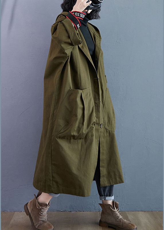 Lange oversized damesjas met capuchon, knoopsluiting en opgestikte zakken