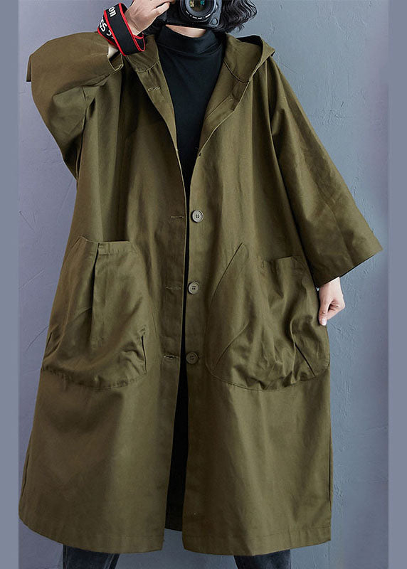 Lange oversized damesjas met capuchon, knoopsluiting en opgestikte zakken - legergroen