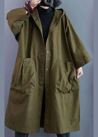 Lange oversized damesjas met capuchon, knoopsluiting en opgestikte zakken - legergroen