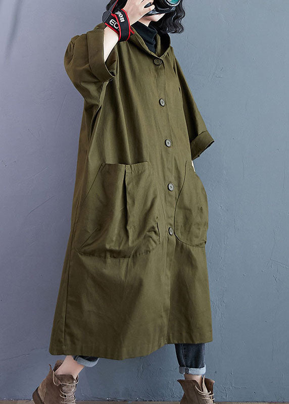 Lange oversized damesjas met capuchon, knoopsluiting en opgestikte zakken