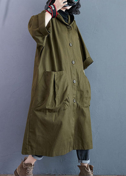 Lange oversized damesjas met capuchon, knoopsluiting en opgestikte zakken