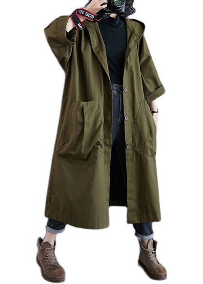 Lange oversized damesjas met capuchon, knoopsluiting en opgestikte zakken