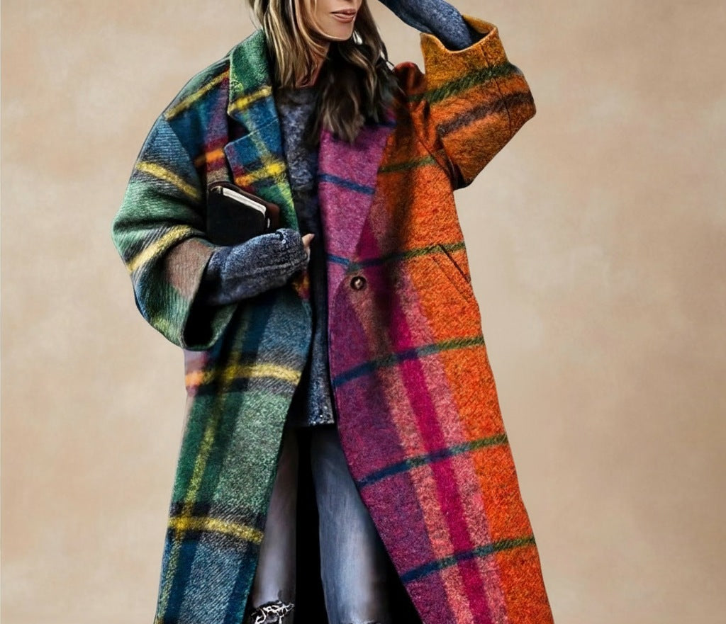 Lange oversized damesjas met reverskraag en verlaagde schouders - veelkleurig geruit