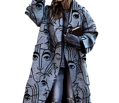 Lange oversized damesjas met reverskraag en verlaagde schouders - grijs met gezichtenprint