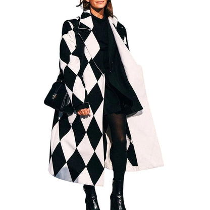Lange oversized damesjas met reverskraag en verlaagde schouders - zwart-wit ruit