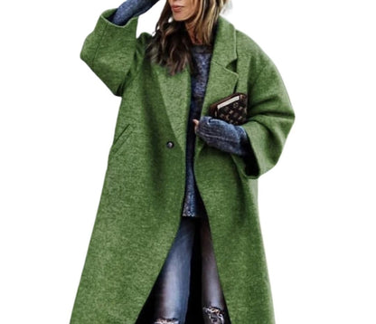 Lange oversized damesjas met reverskraag en verlaagde schouders - groen