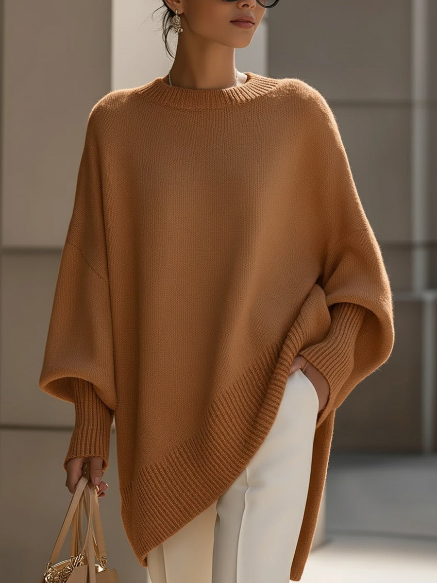 Lange oversized damestrui met brede mouwen en ribgebreide hals, manchetten en zoom - camel