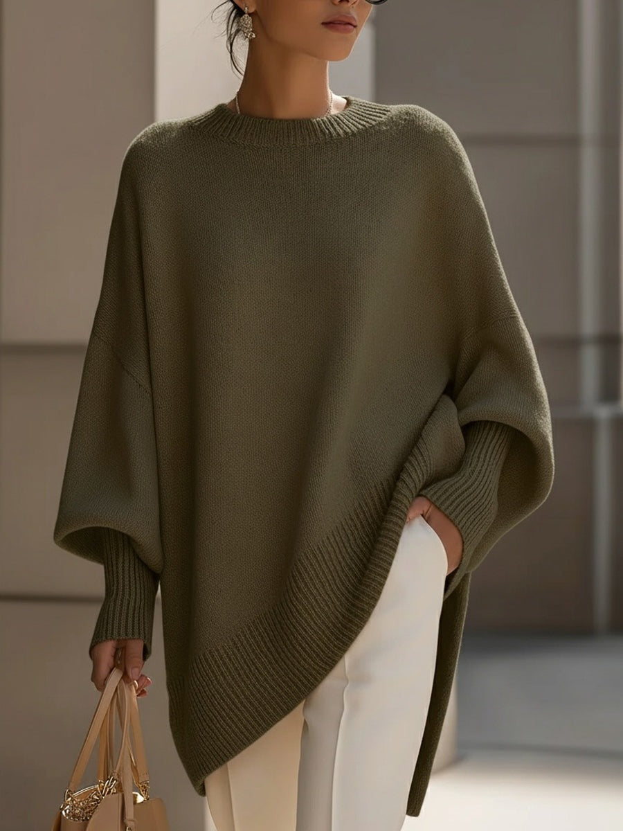Lange oversized damestrui met brede mouwen en ribgebreide hals, manchetten en zoom - olijfgroen